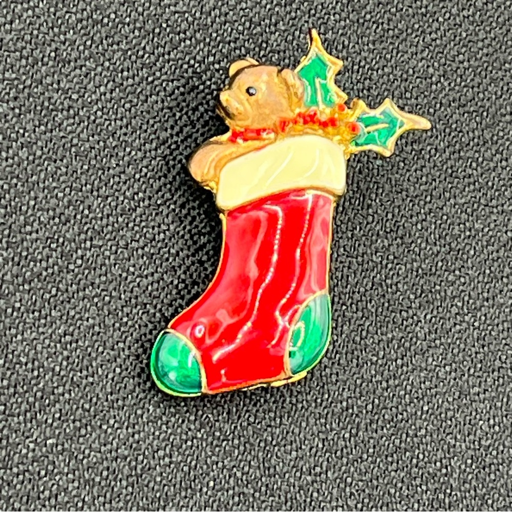 SFJ Gold Tone Enamel Christmas Puppy in a Stocking Brooch